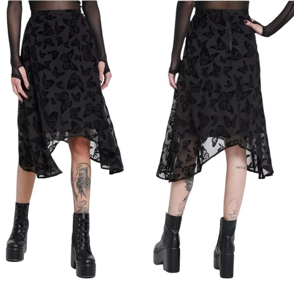 Hot Topic Cosmic Aura Black Butterfly Fairy Chiffon Hanky Hem Midi Skirt Size XL - Picture 1 of 6